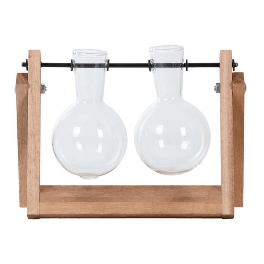 Stekkenstandaard - 2 glazen vazen - Hydroponische vaas voor stekjes - Houten - Teeltstation